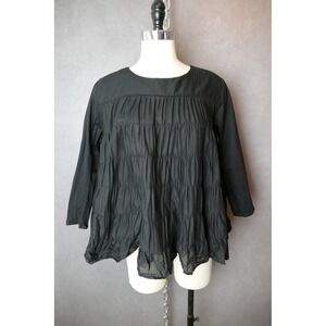 MERLETTE Black Cotton Tiered‎ Ruffle Gathered Long Sleeve Tunic Top Women's